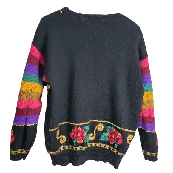 Vintage Carole Little Sweater Women Large Wool Black Rainbow Metallic Charms 90s - Picture 2 of 11